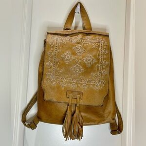 Garbo Boho Chic Tan Leather Backpack Embroidered 12.5x13